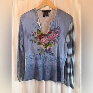 Michelle Nicole Blue Floral Beaded Long Sleeve Tee